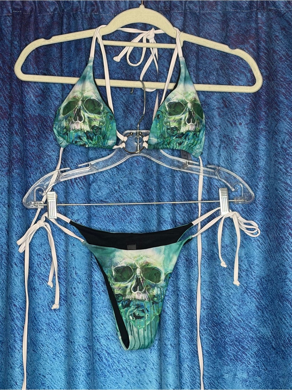 Green Skull Print Tie-Side Bikini - Women Swim